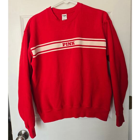 PINK Victoria Secret Red and White Varsity Pullover Sweatshirt Preppy Size Small - Picture 1 of 4